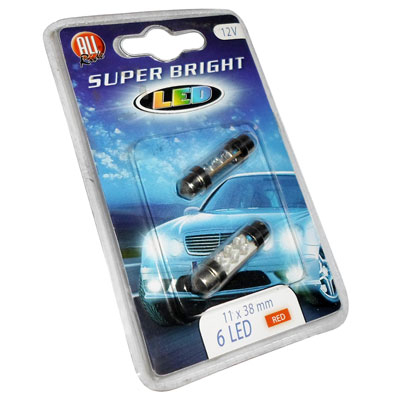 Лампа 12V 6 neon 11X38mm 2шт. крас.№11625