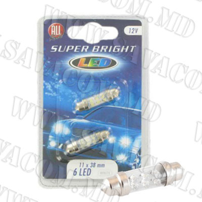 Лампа 12V 6 neon 11X38mm 2шт. бел.№11627